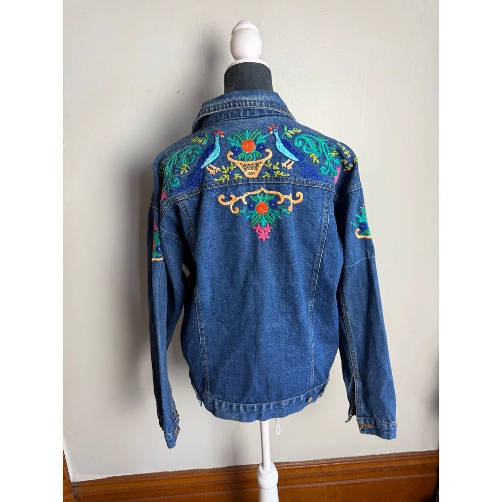 Vintage Embroidered Denim Jacket festival Peacock‎ Floral Boho Trucker hippie M